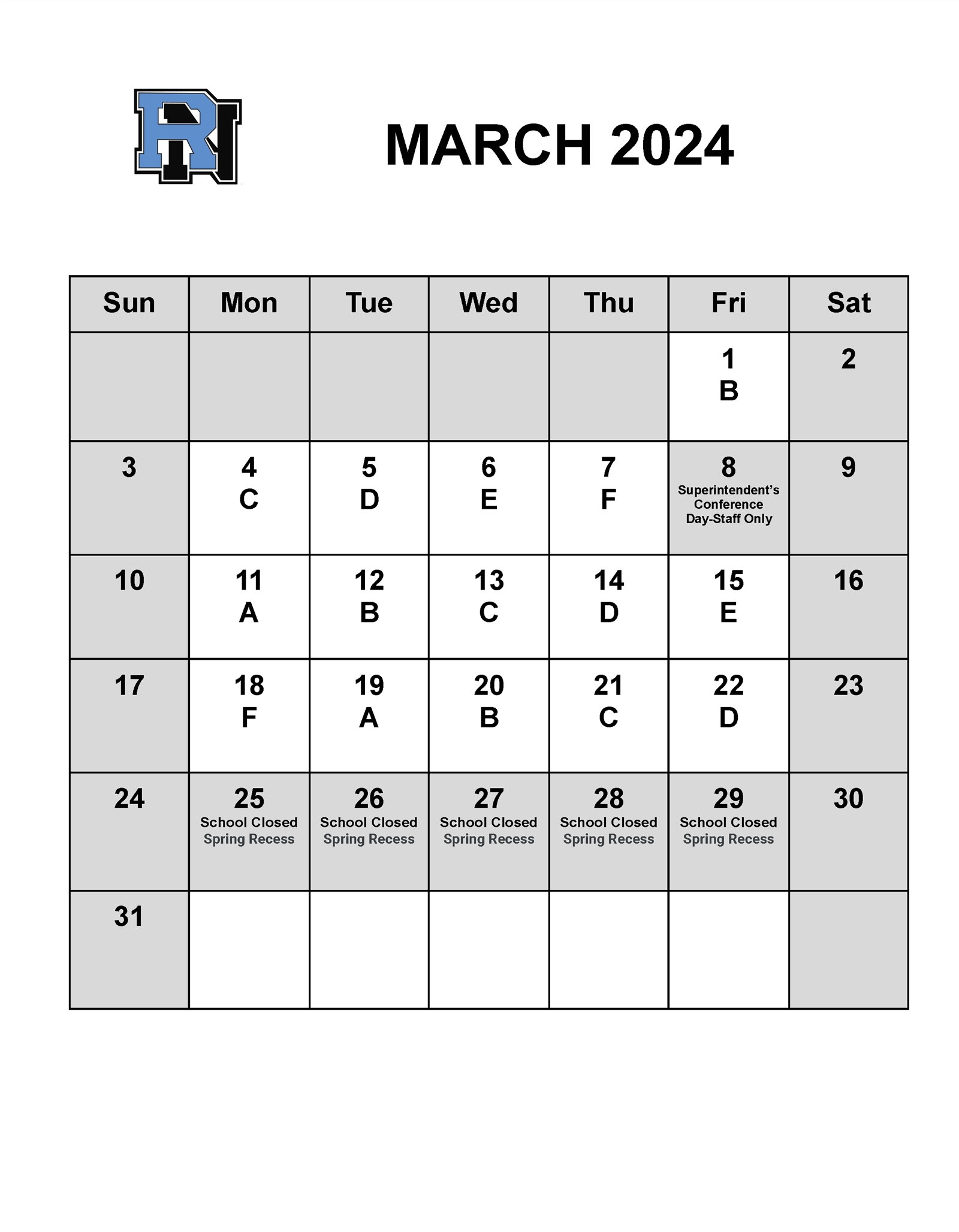 MarchLetter Day Calendar